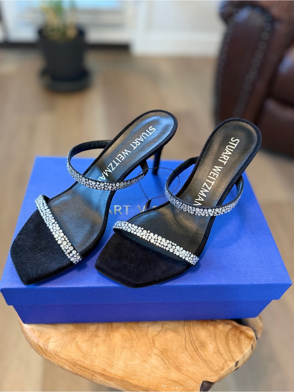 Stuart Weitzman Aleena Royale 75 Sandal In Black with Crystals